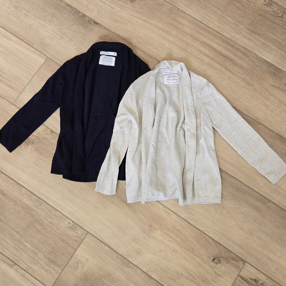 Zara Girls Knitwear Cardigan Set Size 5 Navy Blue Oatmeal Beige Open Front 2pk